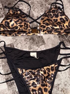 Leopard Print Triangle Bikini Set - Black & Brown